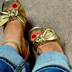 J Crew, Size 6.5 Metallic Gold 3 1/2” Strappy Sandals